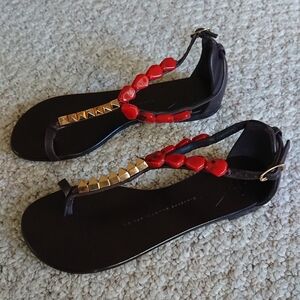 Giuseppe Zanotti Red/gold tone brown Leather Ankle Strap Thong Sandals Size 6